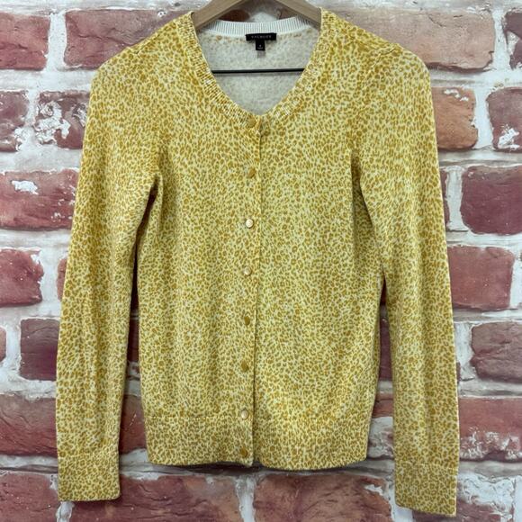 Talbots Cardigan Women's Small Yellow White Animal Print Knit Button Up Sweater - Picture 1 of 8